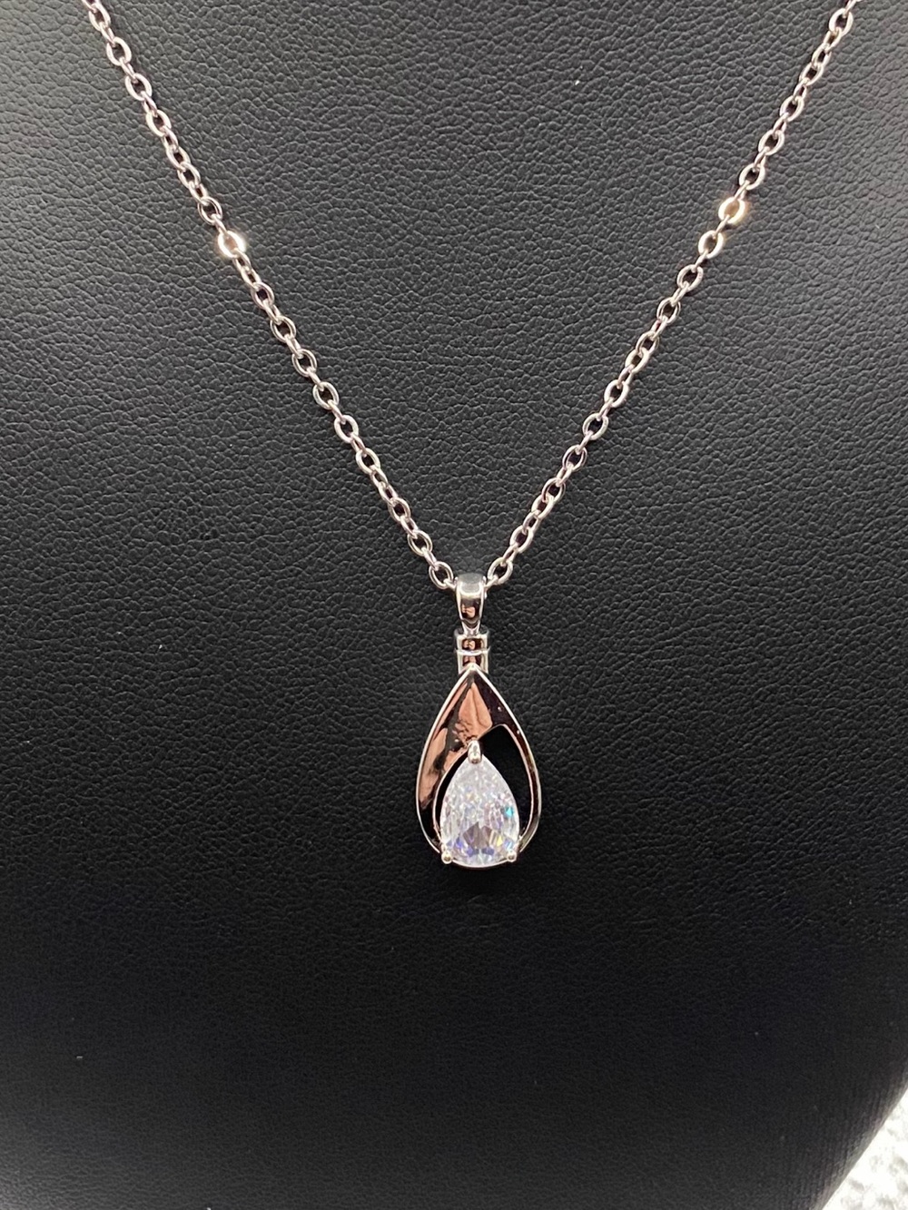 Silver Teardrop Pendant Necklace with Clear Cubic Zirconia